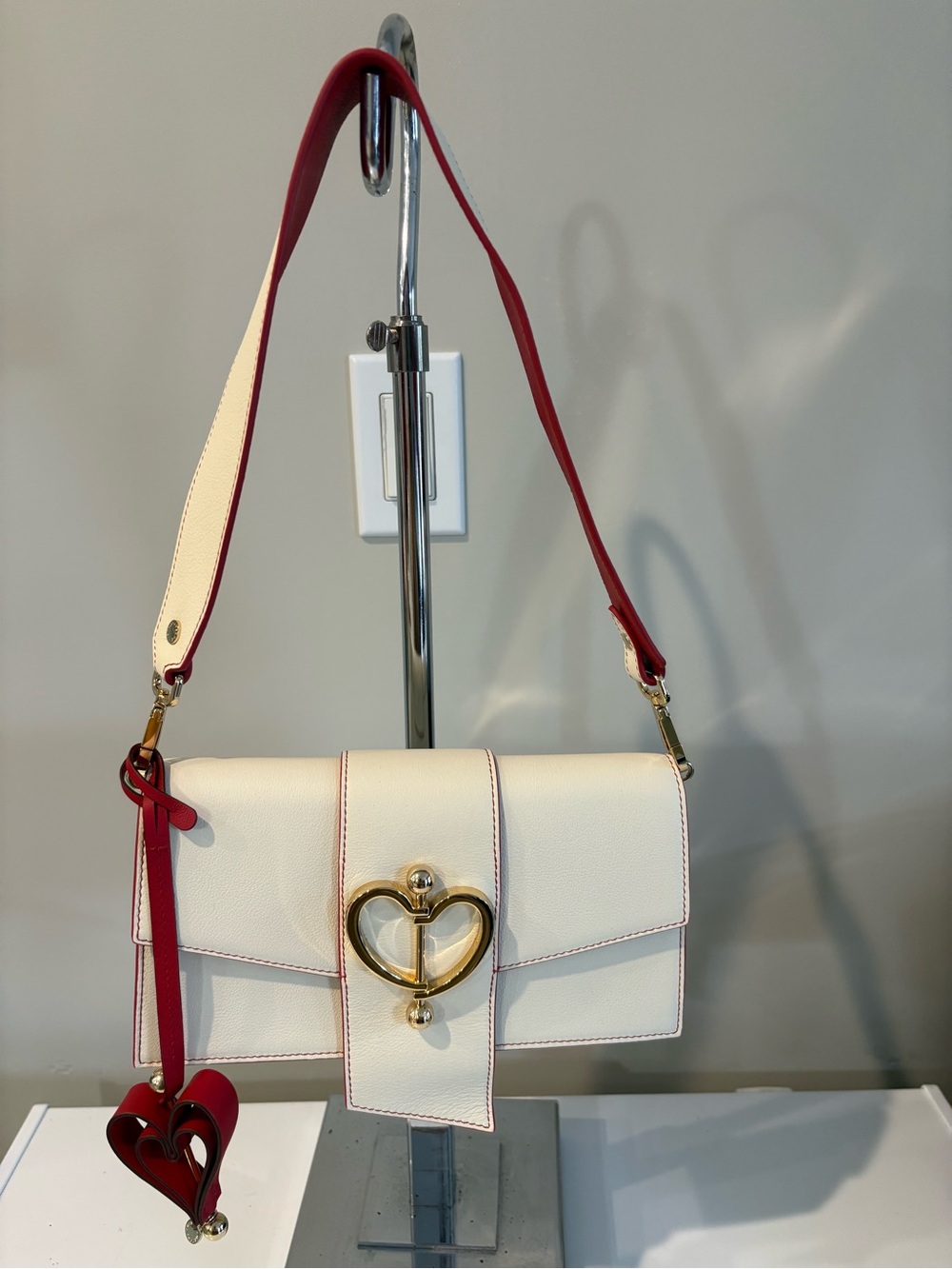 Strathberry Cream Shoulder Bag with Red Strap and Heart Charm